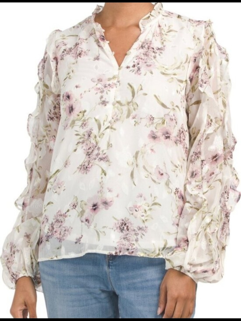 Autres Filles Floral Ruffle Sleeve Blouse - White/Purple Size 1X Plus